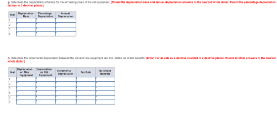 g. Determine the depreciation schedule for the remaining years of the old equipment. (Round the depreciation base and annual