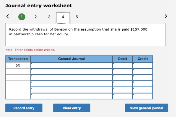 Journal entry worksheet < 1 2 3 Record the withdrawal of Benson on the assumption that she is paid $157,000 in partnership ca