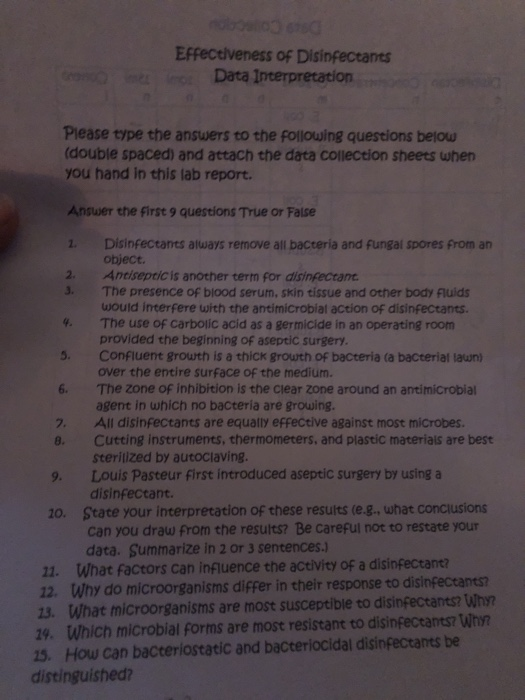 Effectiveness of Disinfectants Data Interpretation A S Please type the answers to the following questions below (double space