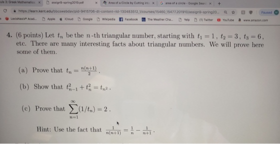 ule 3: Greek Mathernaties x D assign9. spring2019.pdf 赝Area of a Circle by Cutting intc | × G area af a circle . Google Searc
