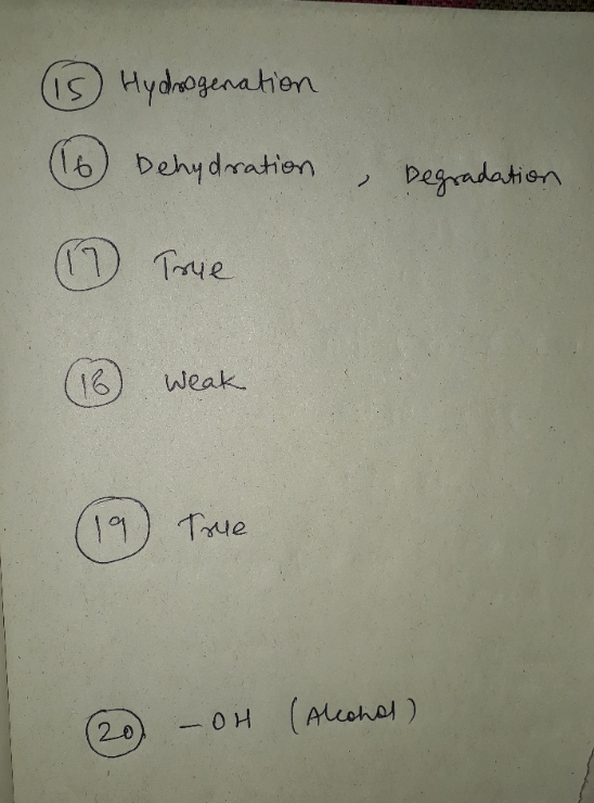 Hydogenahon 6) Dehydration Degradation True 16) Weak Tue - OH (Alcohal 20