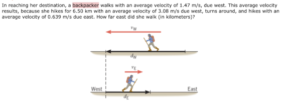 In reaching her destination, a backpacker walks with an average velocity of 1.47 m/s, due west. This average velocity results, because she hikes for 6.50 km with an average velocity of 3.08 m/s due west, turns around, and hikes with an average velocity of 0.639 m/s due east. How far east did she walk (in kilometers)? Ww dw VE West ぐし de East