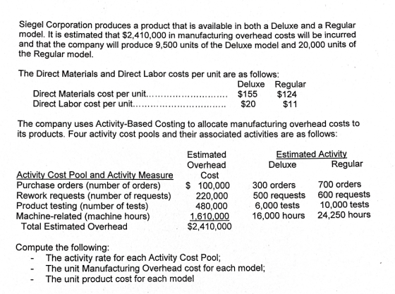 Siegel Corporation produces a product that is available in both a Deluxe and a Regular model. It is estimated that $2,410,000