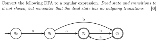 Convert the following DFA to a regular expression. Dead state and transitions to it not shown, but remember that the dead sta