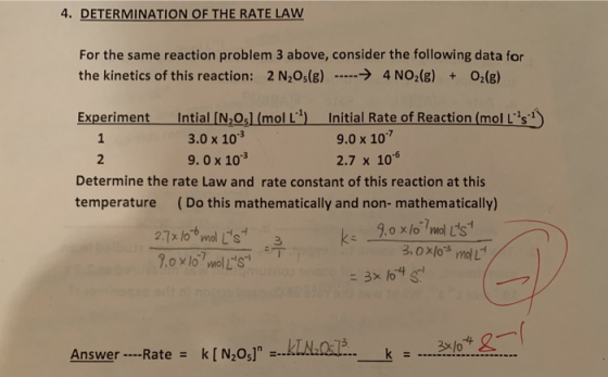 4. DETERMINATION OF THE RATE LAW For the same reaction problem 3 above, consider the following data for the kinetics of this