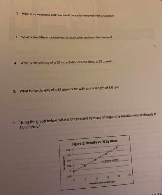 2. What is a precipitate and how can it be easily removed from a solution 3. What is the difference between a qualitative and