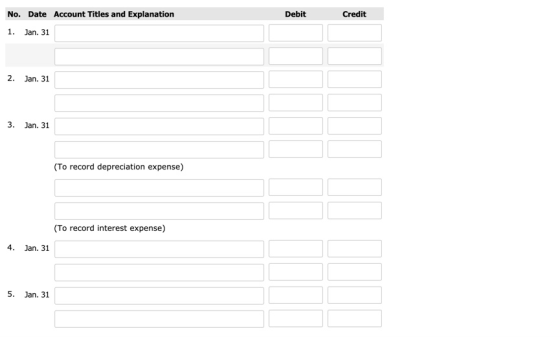 No. Date Account Titles and Explanation Debit Credit 1. Jan. 31 2. Jan. 31 3. Jan. 31 (To record depreciation expense) (To re