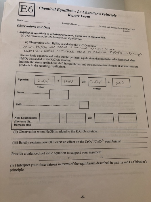 Chemical Equilibria: Le Chateliers Principle Report Form Name: Partners Name: _cífany)-LabSection: MwTTH/M.TH/F Observati