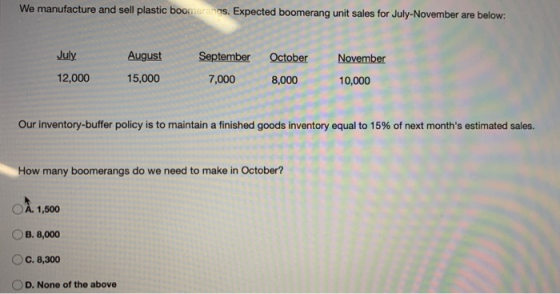 We manufacture and sell plastic boomers. Expected boomerang unit sales for July-November are below: August July 12,000 Septem