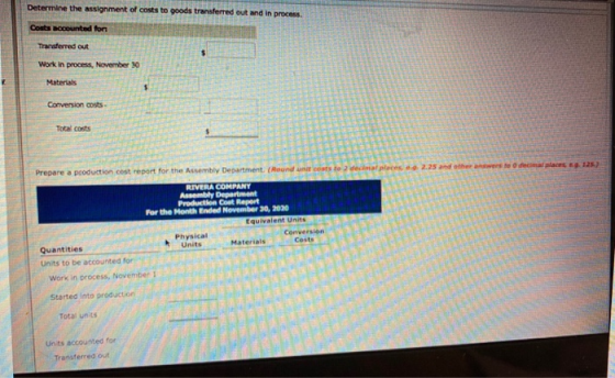 Determine the assignment of costs to goods transferred out and in process. Costs accounted for Transferred out Work in proces
