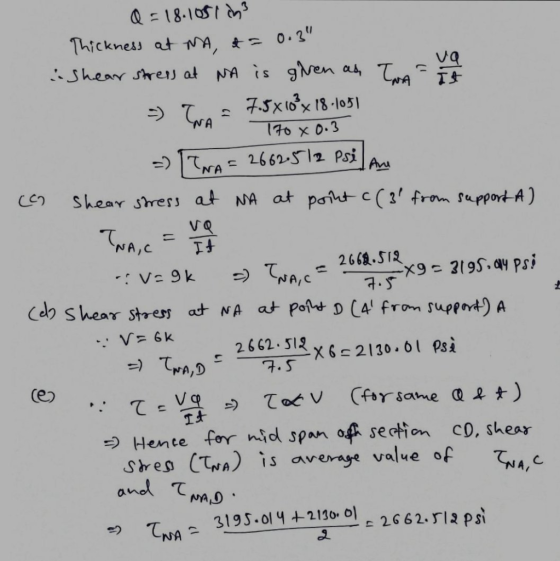 =) TNA - Thickness at NA, t= 0.3 @ = 18.1051 cm3 Shear stress at NA is given as TNA - T va 7.5 x 16 x 18-1051 170 x 0.3 = I