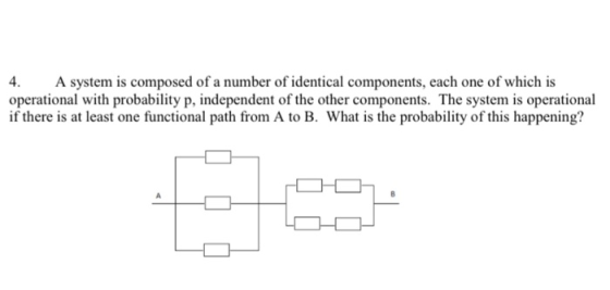 4. A system is composed of a number of identical components, each one of which is operational with probability p, independent of the other components. The system is operational if there is at least one functional path from A to B. What is the probability of this happening?