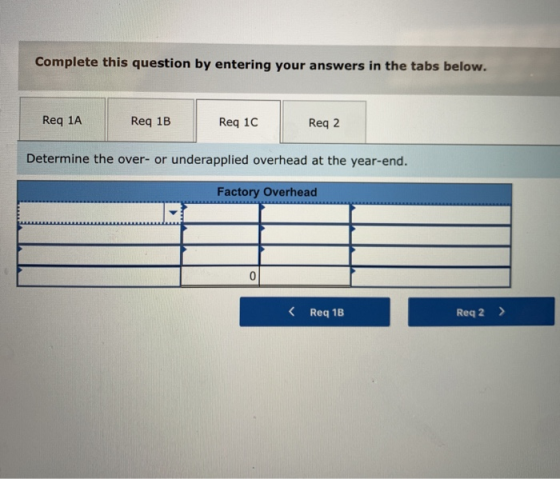 Complete this question by entering your answers in the tabs below. Req 1A Req 1B Req 1C Req 2 Determine the over- or underapp