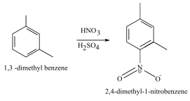 HNO3
H2SO4
13-dimethyl benzene
2,4-dimethyl-1-nitrobenzene
