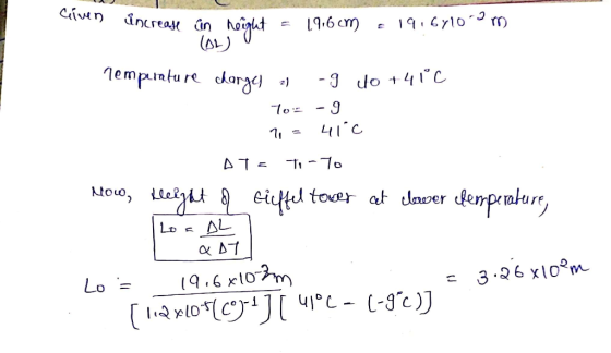 e 19164109m increase in height = 19.6 cm (L) nemperature charges a -9 do +41°C 70 -9 71 - 410 AT= To-To Now, Kleight q_ Giffe