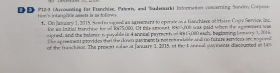 2 3 P12-3 (Accounting for Franchise, Patents, and Trademark) Information concerning Sandra, Corpora- tions intangible assets is as follows. 1. On January 1, 2015, Sandro signed an agreement to operate as a franchisee of Hsian Copy Service, Inc. for an initial franchise fee of R$75,000. Of this amount, R$15,000 was paid when the agreement was signed, and the balance is payable in 4 annual payments of R$15,000 each, beginning January 1, 2016. The agreement provides that the down payment is not refundable and no future services are required of the franchisor. The present value at January 1, 2015, of the 4 annual payments discounted at 14%