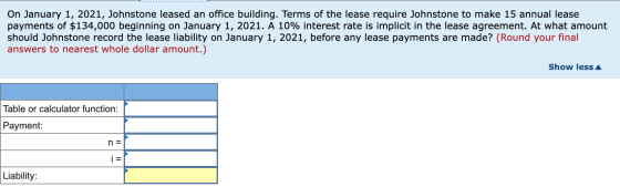 On January 1, 2021, Johnstone leased an office building. Terms of the lease require Johnstone to make 15 annual lease payment