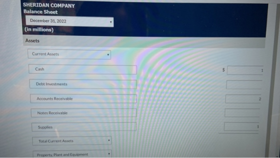 SHERIDAN COMPANY Balance Sheet December 31, 2022 (in millions) Assets Current Assets Cash Debt Investments Accounts Receivabl