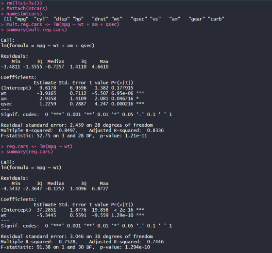 gear carb 3Q > rm(list=1s() > #attach(mtcars) > names (mtcars) [1] mpg cyl disp hp drat wt qsec vs am >