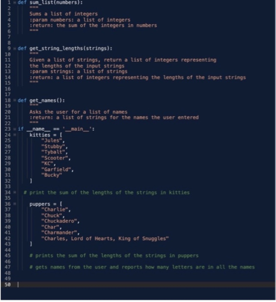 1 def sum list(numbers): Sums a list of integers param numbers: a list of intege rs return: the sum of the integers in numbe