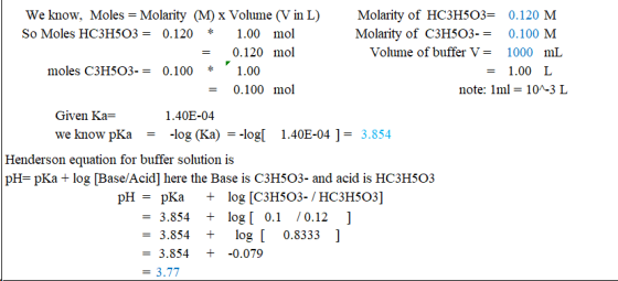 We know, Moles = Molarity (M) x Volume (V in L) Molarity of HC3H503= 0.120 M So Moles HC3H503 = 0.120 * 1.00 mol Molarity of