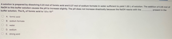 A solution is prepared by dissolving 0.23 mol of formic acid and 0.27 mol of sodium formate in water sufficient to yield 1.00