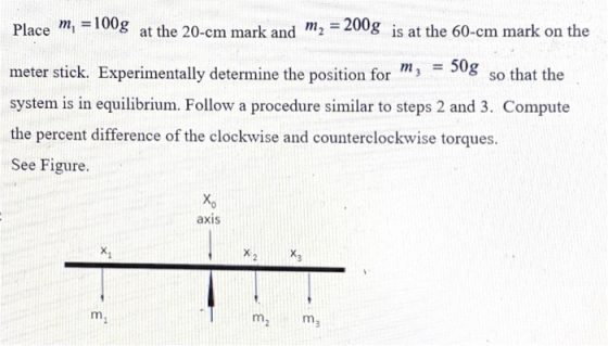 Place m = 100g at the 20-cm mark and m2 = 200g is at the 60-cm mark on the meter stick. Experimentally determine the position