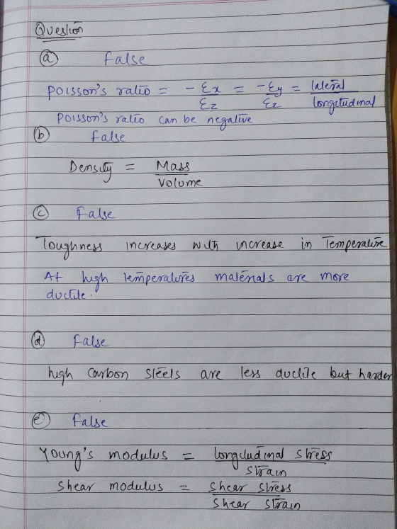 Question a false lateral poissons ratio = - Ex - - Ey Ez Ez Poissons ratéo can be negative false longitudinal (b Density Ma