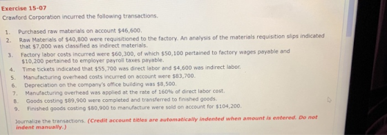Exercise 15-07 Crawford Corporation incurred the following transactions. 1. Purchased raw materials on account $46,600. 2. Ra