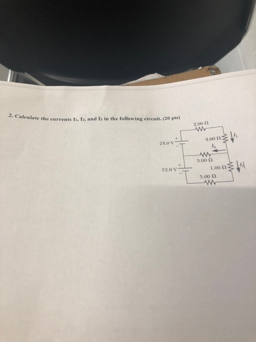 2. Calculate the currents Ii. Ia, and Is in the following circuit. (20 pts) 2.00 Ω 24.0V 4.00 Ω 3.00 Ω 12.0 V 1.00 Ω 5.00 Ω