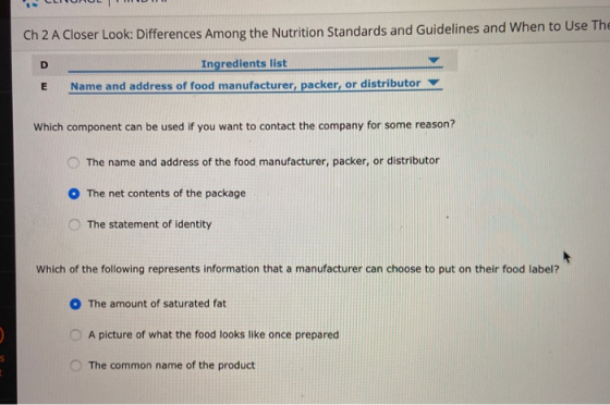 Ch 2 A Closer Look: Differences Among the Nutrition Standards and Guidelines and When to Use Th Ingredients list Name and add