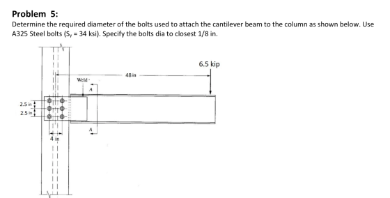 Problem 5: Determine the required diameter of the bolts used to attach the cantilever beam to the column as shown below. Use