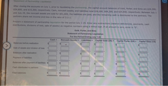 After closing the accounts on July 1, prior to liquidating the partnership, the capital account balances of Gold, Porter, and