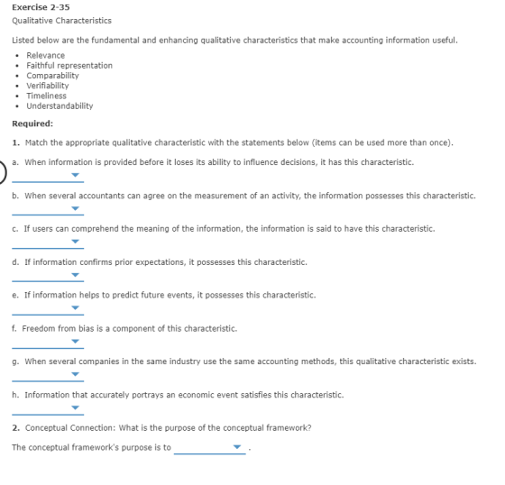 Exercise 2-35 Qualitative Characteristics Listed below are the fundamental and enhancing qualitative characteristics that mak