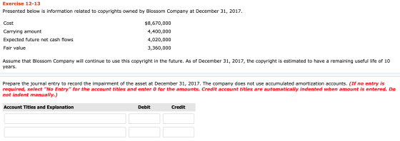 Exercise 12-13 Presented below is information related to copyrights owned by Blossom Company at December 31, 2017. Cost Carry