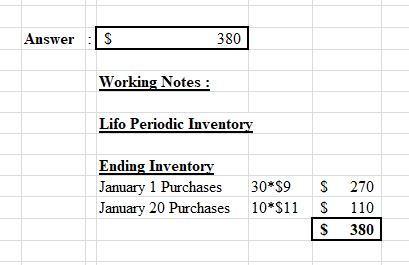 380 Answei Working Notes: Lifo Periodic Inventorv Ending Inventory January 1 Purchases30 S9 S 270 January 20 Purchases 10 $11