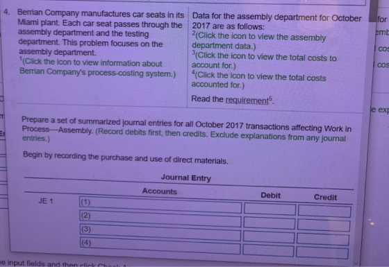 for 4. Berrian Company manufactures car seats in its Data for the assembly department for October Miami plant. Each car seat
