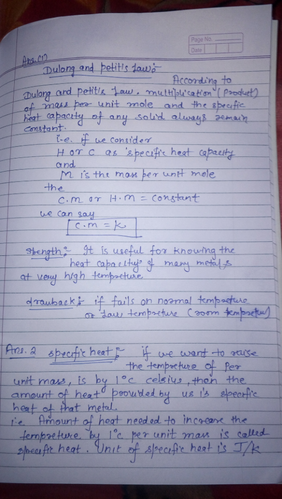 Page No. Date| Ahs.Cm Dulong and petitls daws Acconding to Dulang and petitis 1aw mutpca ton Prodet) at mass pea unit mole an