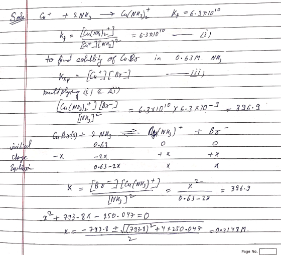 Gut + 2NWE → Cu(NU, K+ = 6138,010 key = {cul M6) = 63.XID— ) [cut JNK ₂] to find solublity of Cu Bo in 0.63M. NU Ksp [cat] [