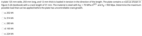 A plate 125 mm wide, 250 mm long, and 12 mm thick is loaded in tension in the direction of the length. The plate contains a c