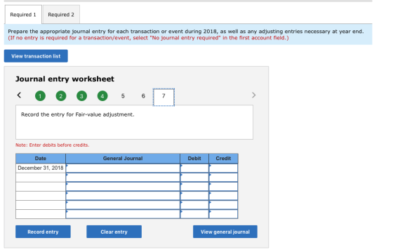 Required 1Required 2 Prepare the appropriate journal entry for each transaction or event during 2018, as well as any adjusting entries necessary at year end. (If no entry is required for a transaction/event, select No journal entry required in the first account field.) View transaction list Journal entry worksheet 3 4 Record the entry for Fair-value adjustment. Note: Enter debits before credits. Date General Journal Debit Credit December 31, 2018 Record entry Clear entry View general journal