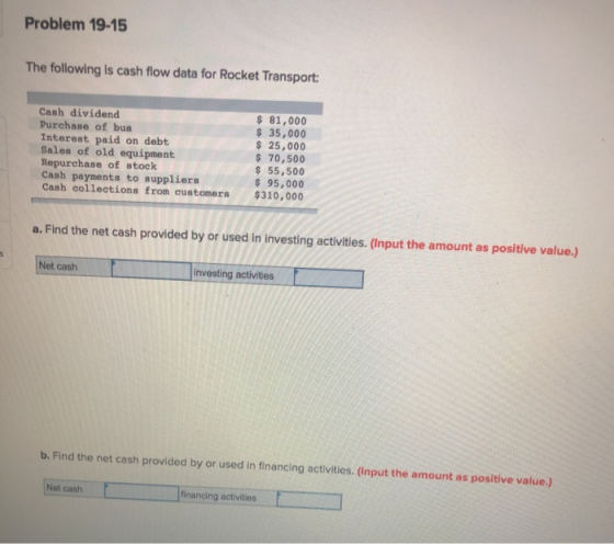Problem 19-15 The following is cash flow data for Rocket Transport: Cash dividend Purchase of bus Interest paid on debt Sales