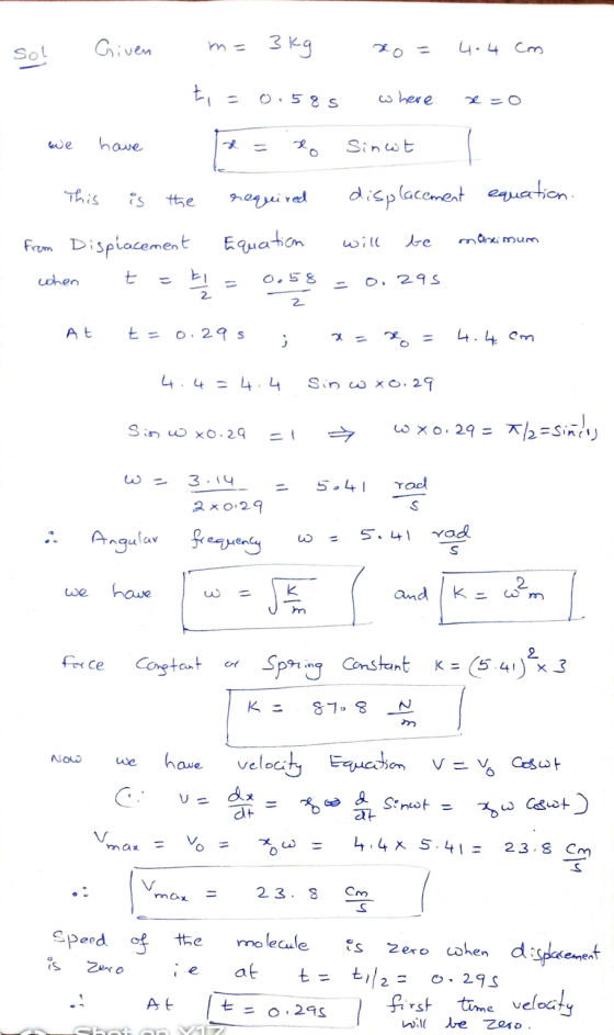 sol Given 3 kg Po = 4.4 cm ti 0.58 s where have lo Sinot This is the required displacement equation. will be maximum From Dis