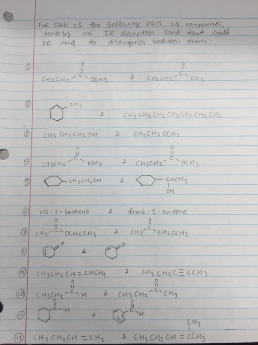 Image for For each of the following pairs of compounds, Identify one IR absorption band that could be used to distinguis