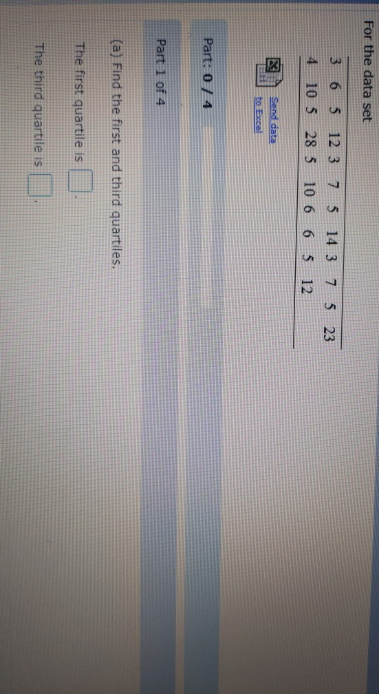 For the data set 3 4 6 5 10 5 12 3 28 5 7 5 10 6 5 23 14 3 6 5 7 12 Send data to Excel Part: 0 / 4 Part 1 of 4 (a) Find the f