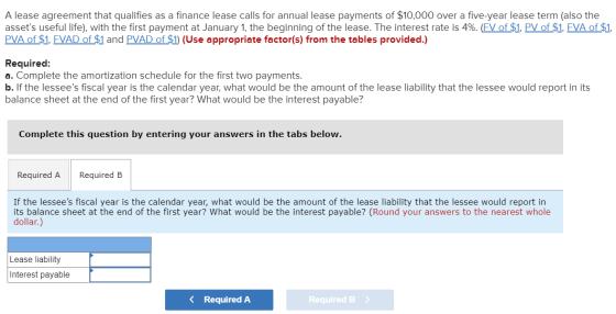A lease agreement that qualifies as a finance lease calls for annual lease payments of $10,000 over a five-year lease term (a