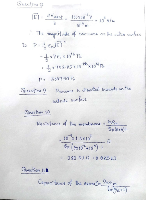 Question 8. b is E1 = Vnest 100X103 v 10² v/m 10-9m ... The magnitude of pressure on the outer surface • 1/3 Emlar - 1x7€. x