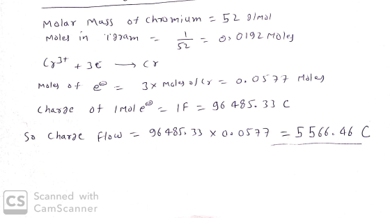 Molar Mass of chromium = 52 almal Moles in toram - I = 0.0192 Moles (837 +3 é co moles of eo = 3x moles ollo= 0.0577 Moles ch