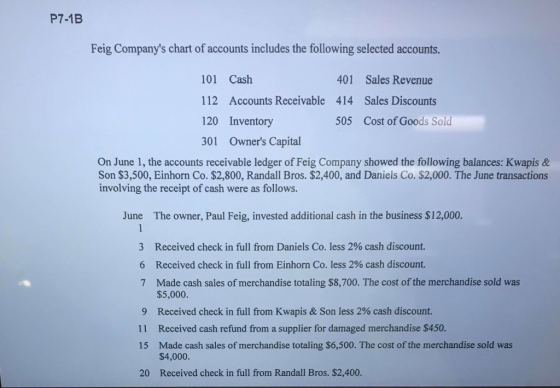 P7-1B Feig Companys chart of accounts includes the following selected accounts. 101 Cash 401 Sales Revenue 112 Accounts Rece