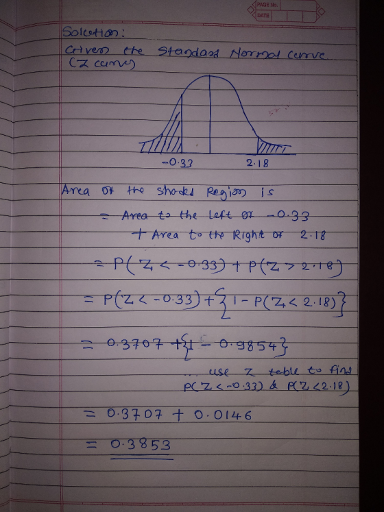 PAGE N DATE TA 0.32 2.18 rea Area tg the Loft01-0.33 Area to the Right or2-I8 0-3707 + 0 9854 use 7 toble to find 0.3407 + 0.0146 3853